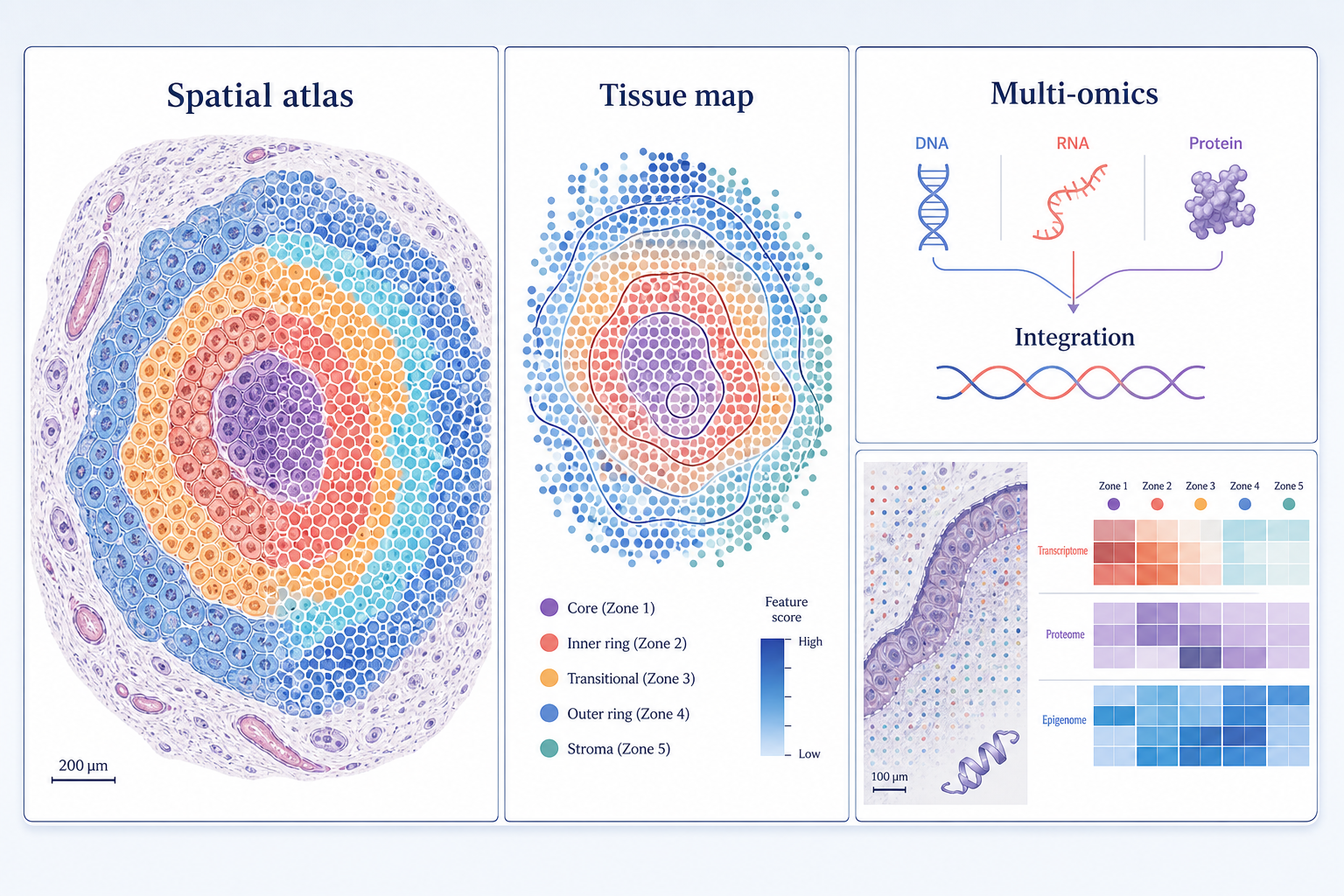 Scientific figure showing a spatial omics tissue atlas